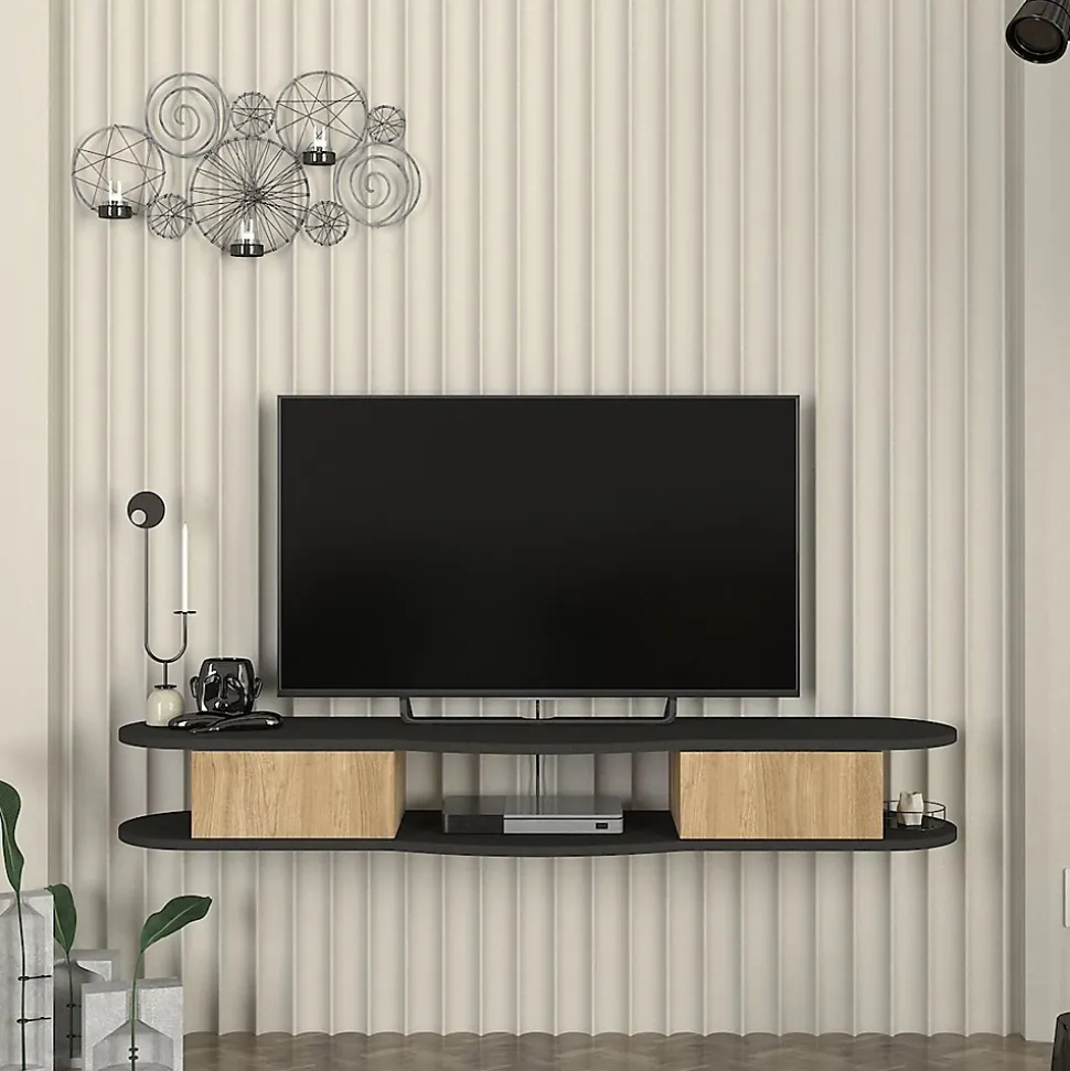 Meuble TV Nyskiri mural 150 x 35 x 19 cm anthracite / effet chêne en.casa