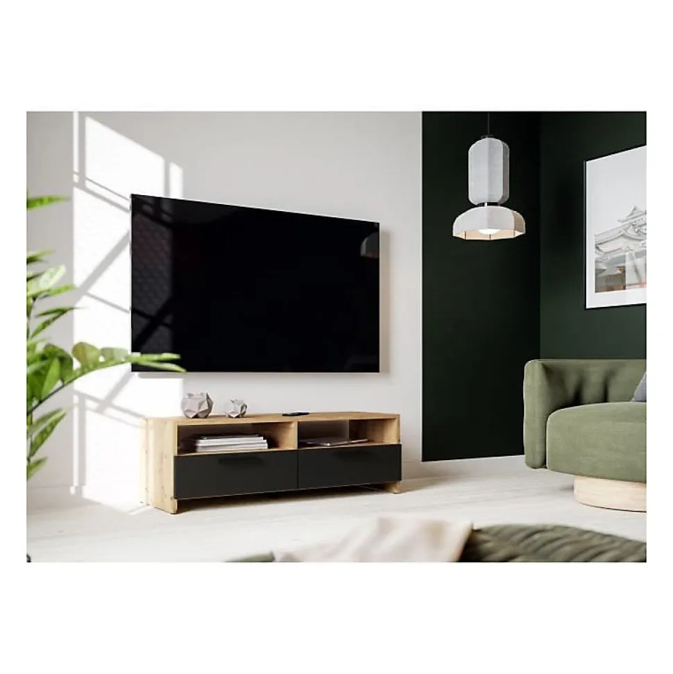 Meuble TV PILVI - Style contemporain - Décor Chene et Noir - 2 Abattants + 2 niches - L 95 x P 36 x H 34,5 cm