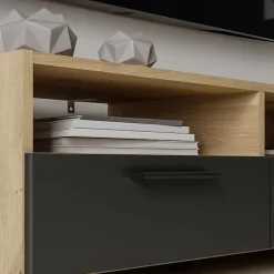 Meuble TV PILVI - Style contemporain - Décor Chene et Noir - 2 Abattants + 2 niches - L 95 x P 36 x H 34,5 cm