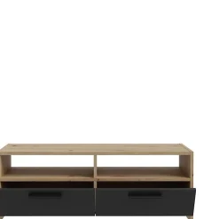 Meuble TV PILVI - Style contemporain - Décor Chene et Noir - 2 Abattants + 2 niches - L 95 x P 36 x H 34,5 cm