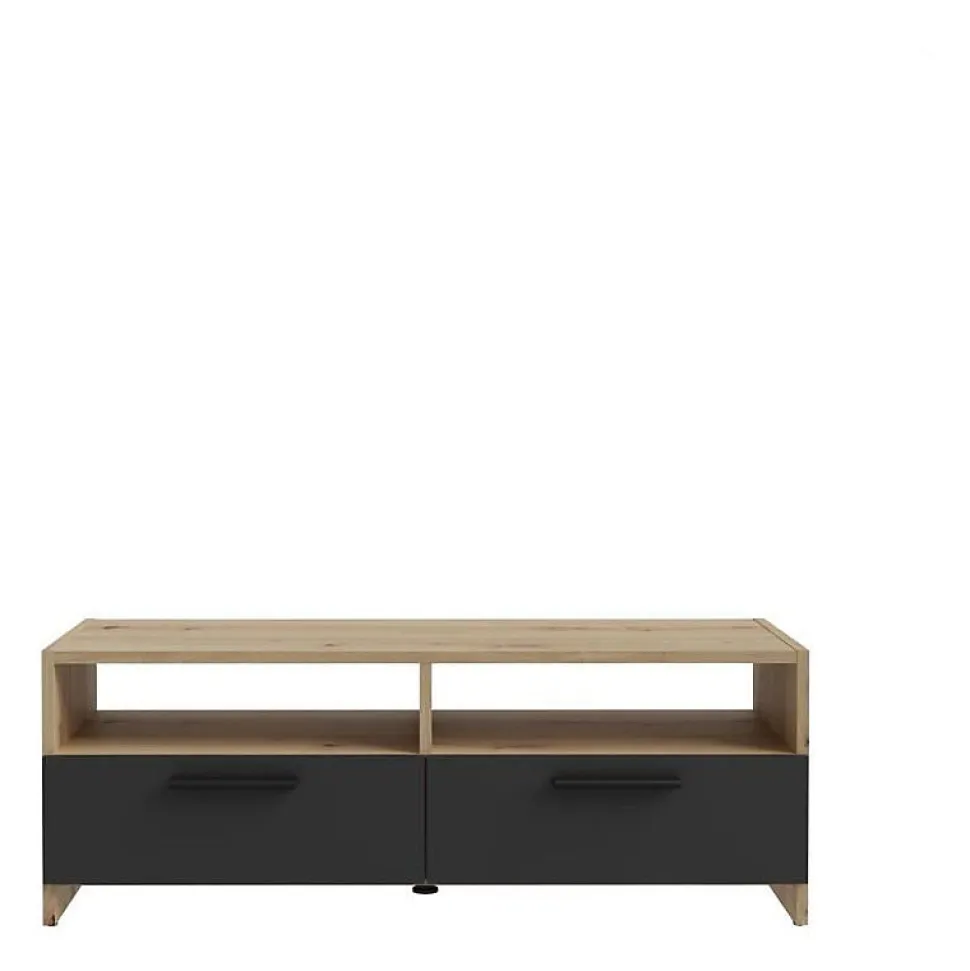 Meuble TV PILVI - Style contemporain - Décor Chene et Noir - 2 Abattants + 2 niches - L 95 x P 36 x H 34,5 cm