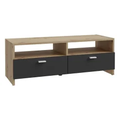 Meuble TV PILVI - Style contemporain - Décor Chene et Noir - 2 Abattants + 2 niches - L 95 x P 36 x H 34,5 cm