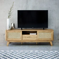 Meuble TV portes coulissantes. casier fermé. étagère décor bois et cannage 150cm