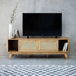 Meuble TV portes coulissantes. casier fermé. étagère décor bois et cannage 150cm