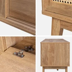 Meuble TV portes coulissantes. casier fermé. étagère décor bois et cannage 150cm