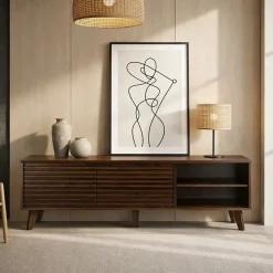 Meuble TV portes coulissantes Façades Effet Bois Rainuré L135 cm - FRIBOURG