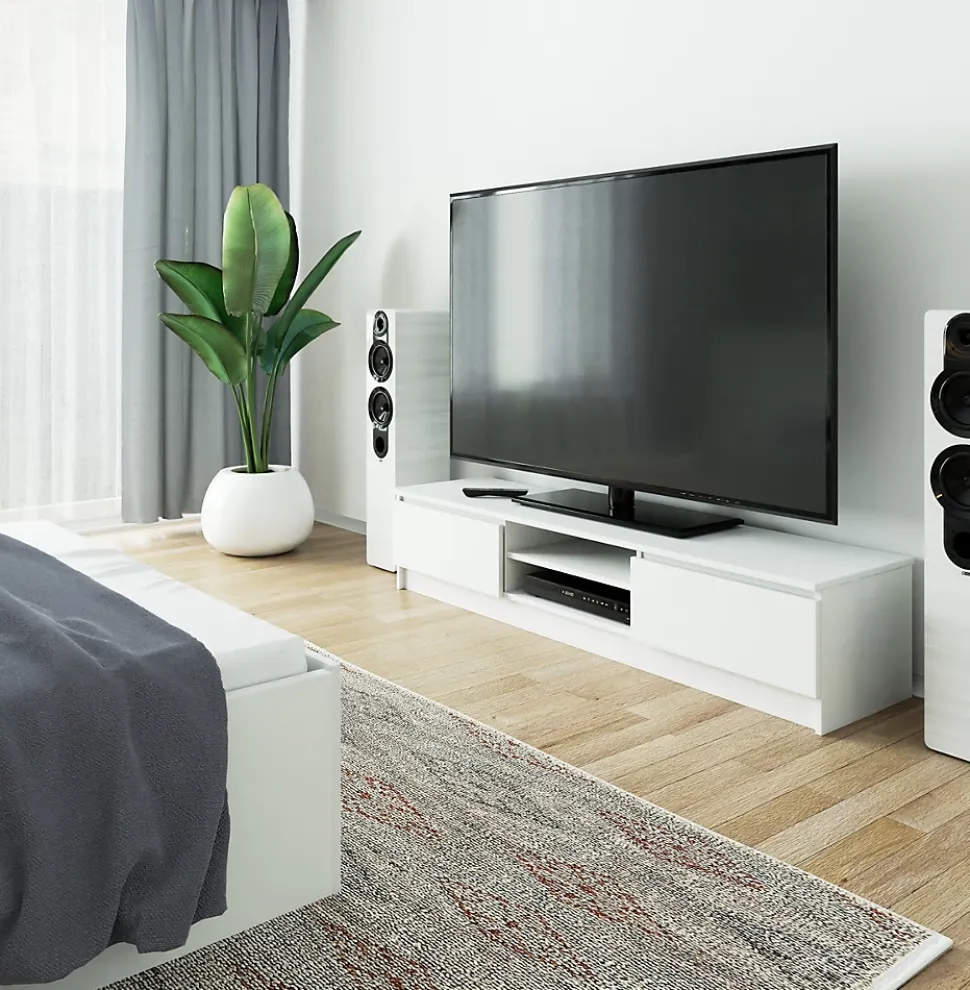 Meuble TV pour salon AKORD Blanc 160 cm 2 portes façade Blanche 2 étagères 160x40x33 cm