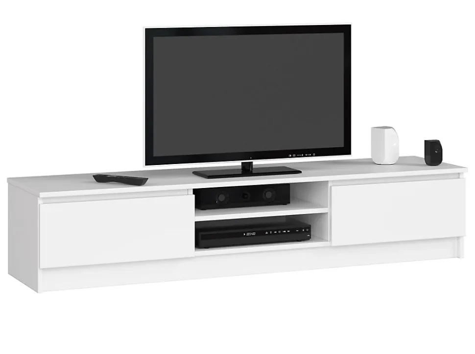Meuble TV pour salon AKORD Blanc 160 cm 2 portes façade Blanche 2 étagères 160x40x33 cm
