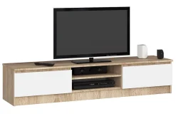 Meuble TV pour salon AKORD Chêne Sonoma 160 cm 2 portes façade Blanche 2 étagères 160x40x33 cm