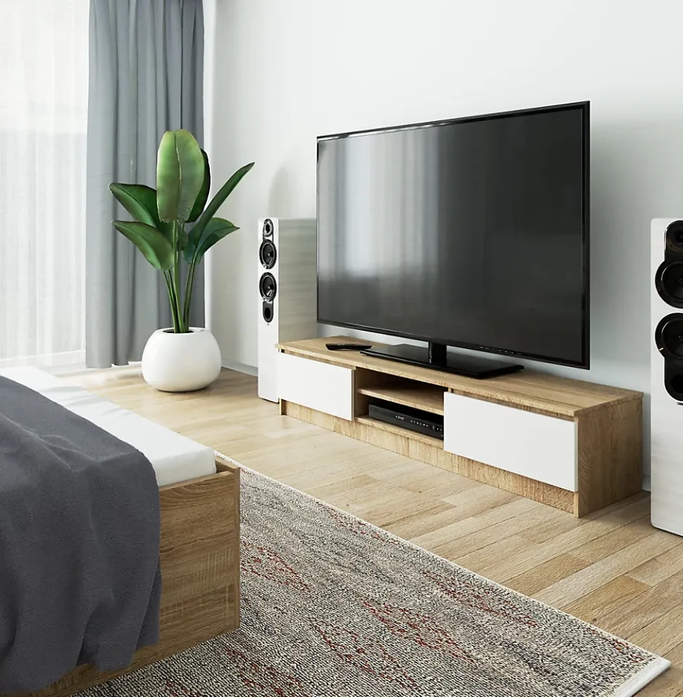 Meuble TV pour salon AKORD Chêne Sonoma 160 cm 2 portes façade Blanche 2 étagères 160x40x33 cm