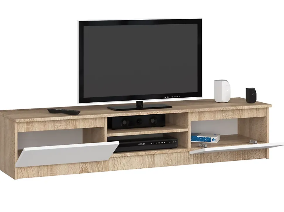 Meuble TV pour salon AKORD Chêne Sonoma 160 cm 2 portes façade Blanche 2 étagères 160x40x33 cm