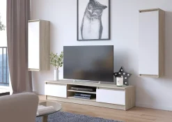 Meuble TV pour salon AKORD Chêne Sonoma 160 cm 2 portes façade Blanche 2 étagères 160x40x33 cm