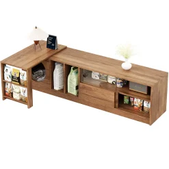Meuble TV Rotatif avec Espace Chat Intégré et Rangement, Portes en Verre Trempé, MDF + Verre, 180 (+80)x40x50 cm, Bois Noyer