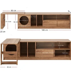 Meuble TV Rotatif avec Espace Chat Intégré et Rangement, Portes en Verre Trempé, MDF + Verre, 180 (+80)x40x50 cm, Bois Noyer