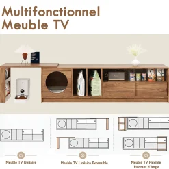 Meuble TV Rotatif avec Espace Chat Intégré et Rangement, Portes en Verre Trempé, MDF + Verre, 180 (+80)x40x50 cm, Bois Noyer