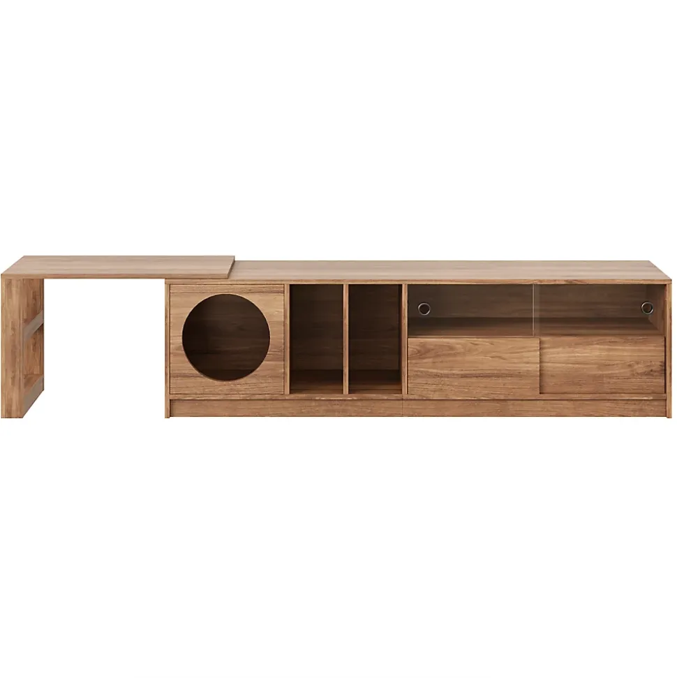 Meuble TV Rotatif avec Espace Chat Intégré et Rangement, Portes en Verre Trempé, MDF + Verre, 180 (+80)x40x50 cm, Bois Noyer
