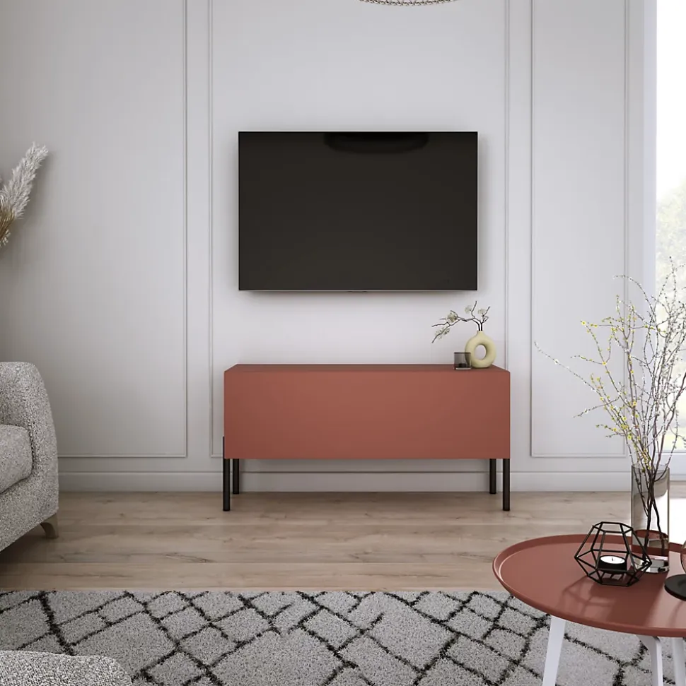 Meuble TV, Rouge Brique, 100 x 52 x 32 cm, jambes noires