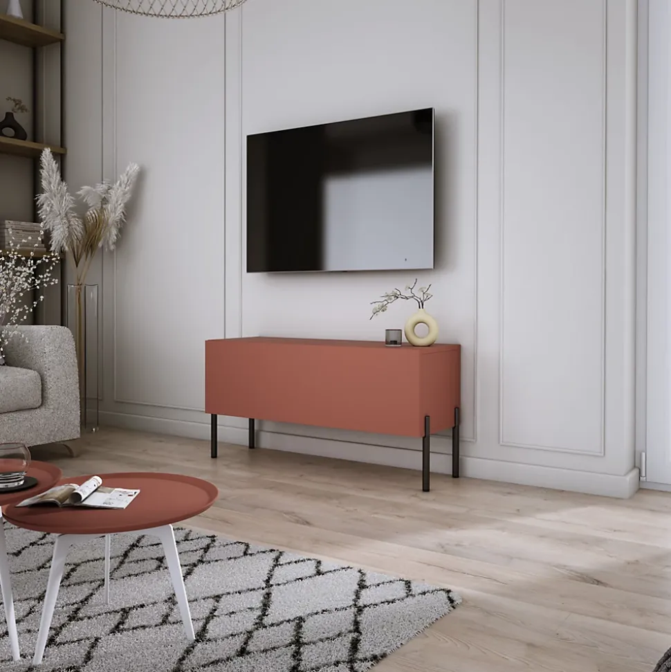 Meuble TV, Rouge Brique, 100 x 52 x 32 cm, jambes noires