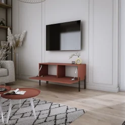 Meuble TV, Rouge Brique, 100 x 52 x 32 cm, jambes noires