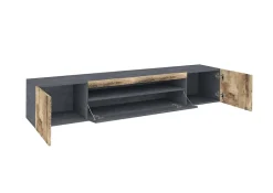 Meuble TV Salvatore, Buffet bas de salon avec 3 portes, Base pour meuble TV, 200x40h37 cm, Ardoise et Erable, avec lumière LED