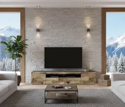Meuble TV Salvatore, Buffet bas de salon avec 3 portes, Base pour meuble TV, 200x40h37 cm, Ardoise et Erable, avec lumière LED