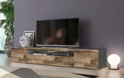 Meuble TV Salvatore, Buffet bas de salon avec 3 portes, Base pour meuble TV, 200x40h37 cm, Ardoise et Erable, avec lumière LED