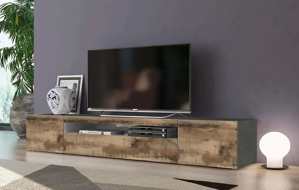 Meuble TV Salvatore, Buffet bas de salon avec 3 portes, Base pour meuble TV, 200x40h37 cm, Ardoise et Erable, avec lumière LED