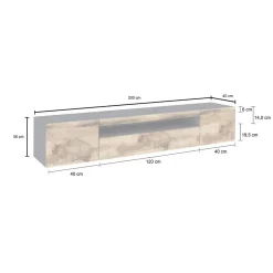 Meuble TV Salvatore, Buffet bas de salon avec 3 portes, Base pour meuble TV, 200x40h37 cm, Ardoise et Erable, avec lumière LED