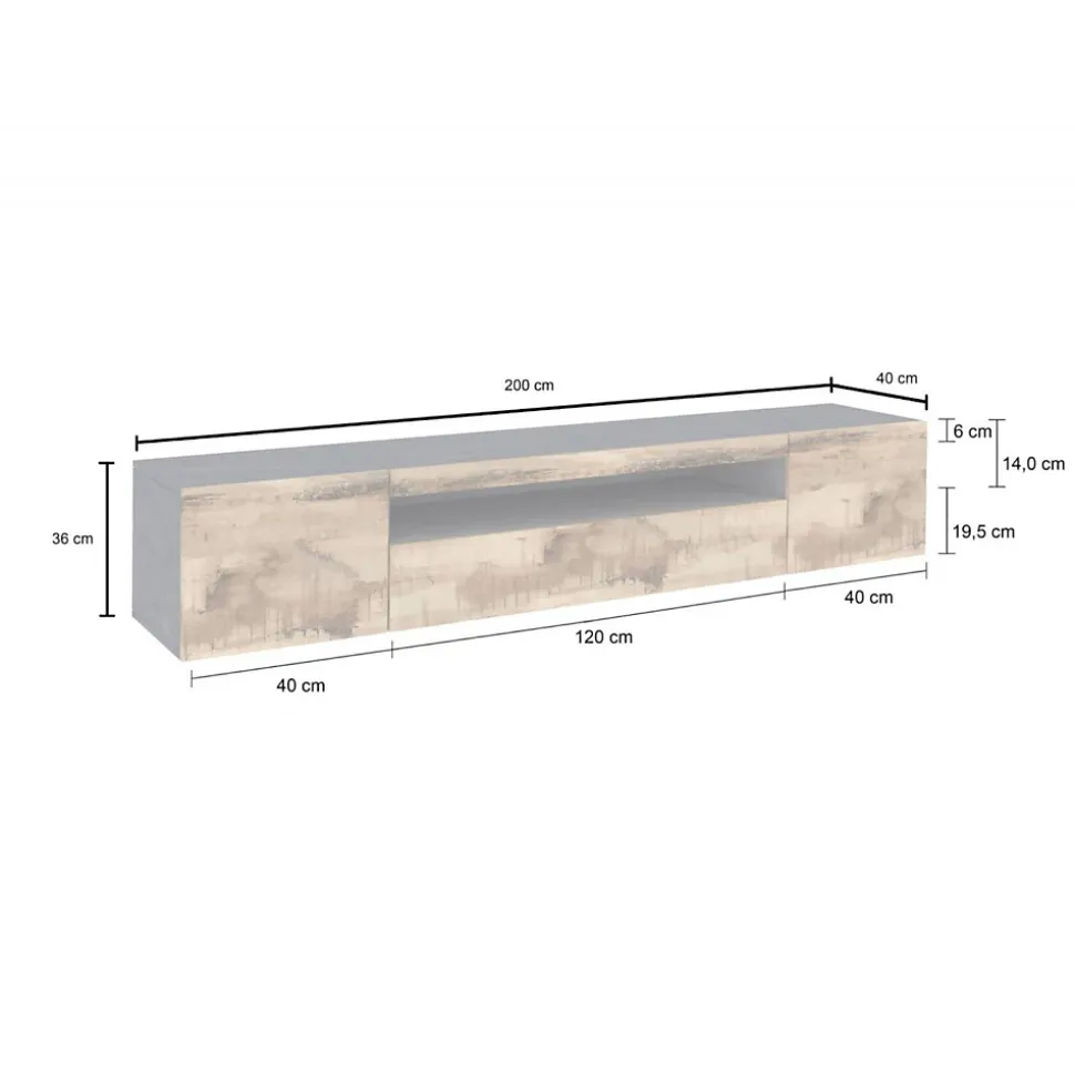 Meuble TV Salvatore, Buffet bas de salon avec 3 portes, Base pour meuble TV, 200x40h37 cm, Ardoise et Erable, avec lumière LED
