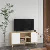 Meuble TV scandinave porte 3 niches 2 tiroirs piètement bois de pin aspect chêne clair blanc