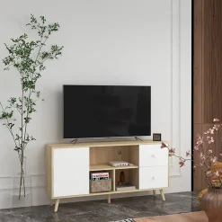 Meuble TV scandinave porte 3 niches 2 tiroirs piètement bois de pin aspect chêne clair blanc