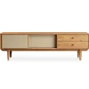 Meuble TV SIMONA L 175 cm en bois massif et rotin - Coloris chêne