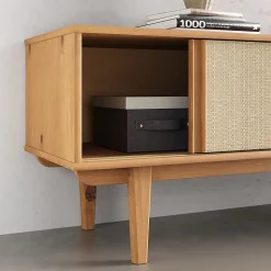 Meuble TV SIMONA L 175 cm en bois massif et rotin - Coloris chêne
