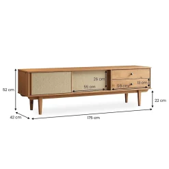Meuble TV SIMONA L 175 cm en bois massif et rotin - Coloris chêne