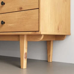 Meuble TV SIMONA L 175 cm en bois massif et rotin - Coloris chêne