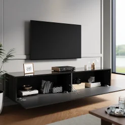 Meuble TV SIRHONA Grand Rangement Moderne Sans Poignées +2 Portes + Noir +160 cm