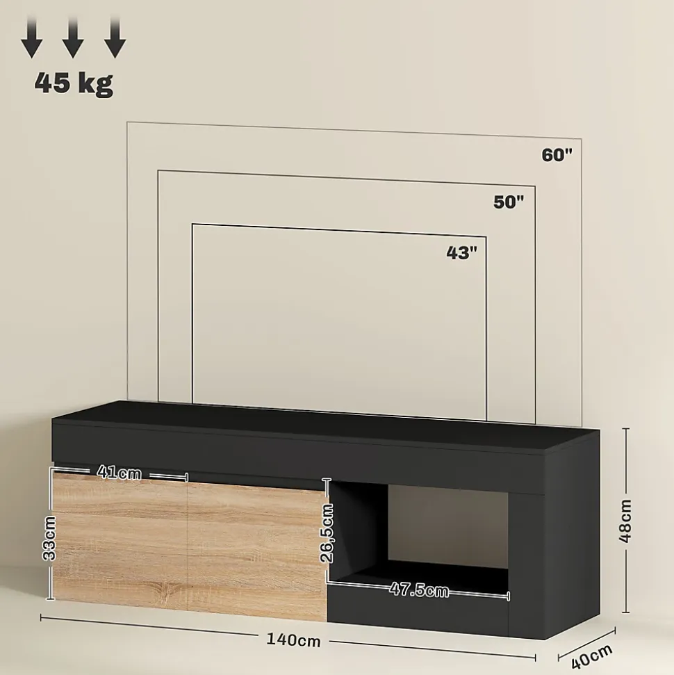 Meuble TV style moderne bicolore 2 portes grande niche 140 x 40 x 48 cm effet bois naturel noir