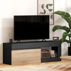 Meuble TV style moderne bicolore 2 portes grande niche 140 x 40 x 48 cm effet bois naturel noir