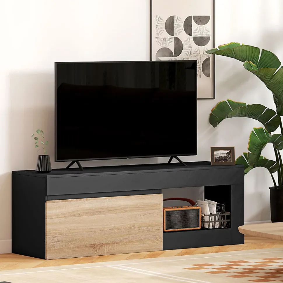 Meuble TV style moderne bicolore 2 portes grande niche 140 x 40 x 48 cm effet bois naturel noir