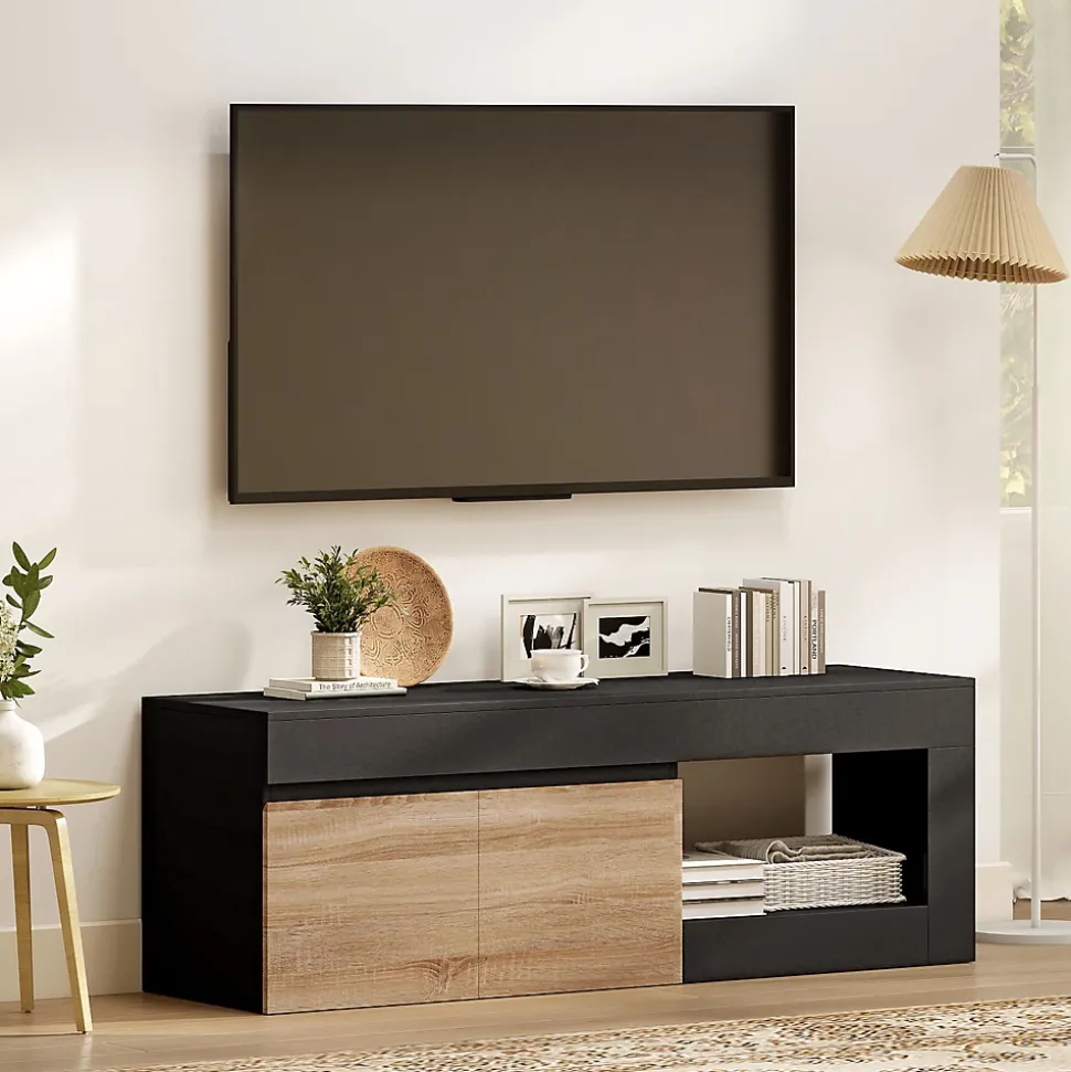 Meuble TV style moderne bicolore 2 portes grande niche 140 x 40 x 48 cm effet bois naturel noir