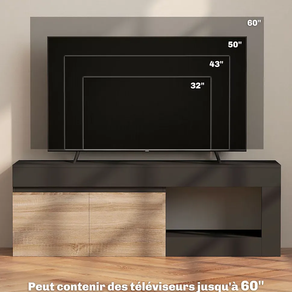 Meuble TV style moderne bicolore 2 portes grande niche 140 x 40 x 48 cm effet bois naturel noir