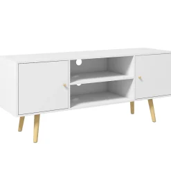 Meuble TV style scandinave 2 portes 2 niches passe-fils piètement bois pin panneaux blanc