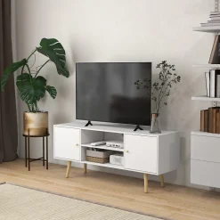 Meuble TV style scandinave 2 portes 2 niches passe-fils piètement bois pin panneaux blanc