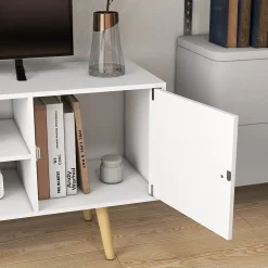 Meuble TV style scandinave 2 portes 2 niches passe-fils piètement bois pin panneaux blanc