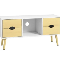 Meuble TV style scandinave 4 tiroirs coulissants niche passe-fils piètement bois pin blanc aspect bois clair
