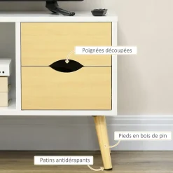 Meuble TV style scandinave 4 tiroirs coulissants niche passe-fils piètement bois pin blanc aspect bois clair