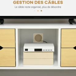 Meuble TV style scandinave 4 tiroirs coulissants niche passe-fils piètement bois pin blanc aspect bois clair
