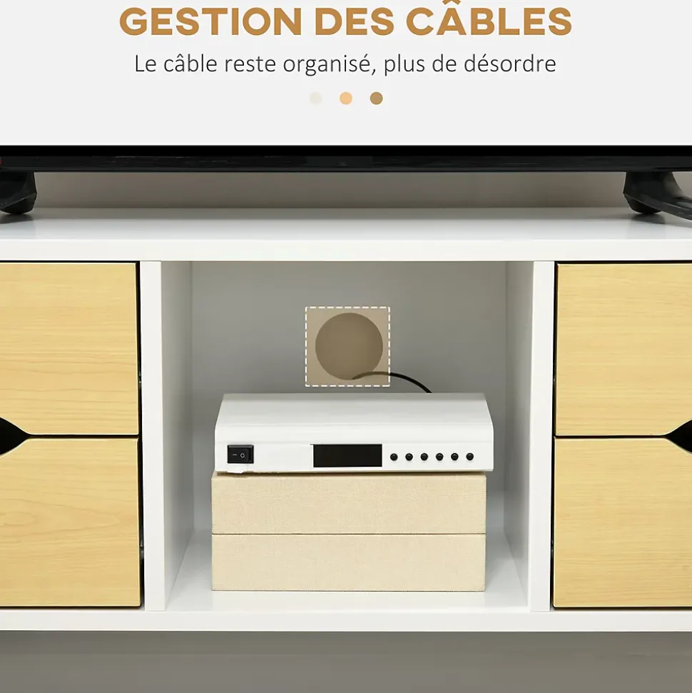 Meuble TV style scandinave 4 tiroirs coulissants niche passe-fils piètement bois pin blanc aspect bois clair