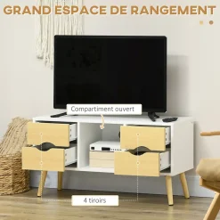 Meuble TV style scandinave 4 tiroirs coulissants niche passe-fils piètement bois pin blanc aspect bois clair