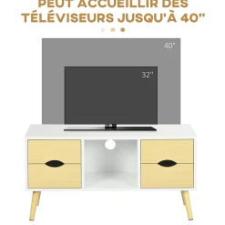 Meuble TV style scandinave 4 tiroirs coulissants niche passe-fils piètement bois pin blanc aspect bois clair